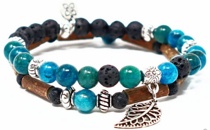 Bijoux thérapeutiques en bois de noisetier du Québec Bracelet Pur Noisetier double 15cm Apatite bleue
